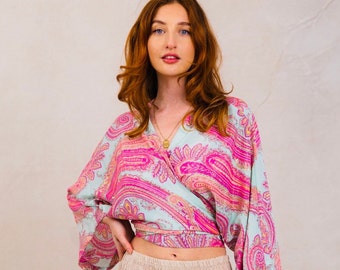 Pink Silk Wrap Top With Frill Sleeves,Boho Wraparound Top, Hippie Gypsy Style Top,