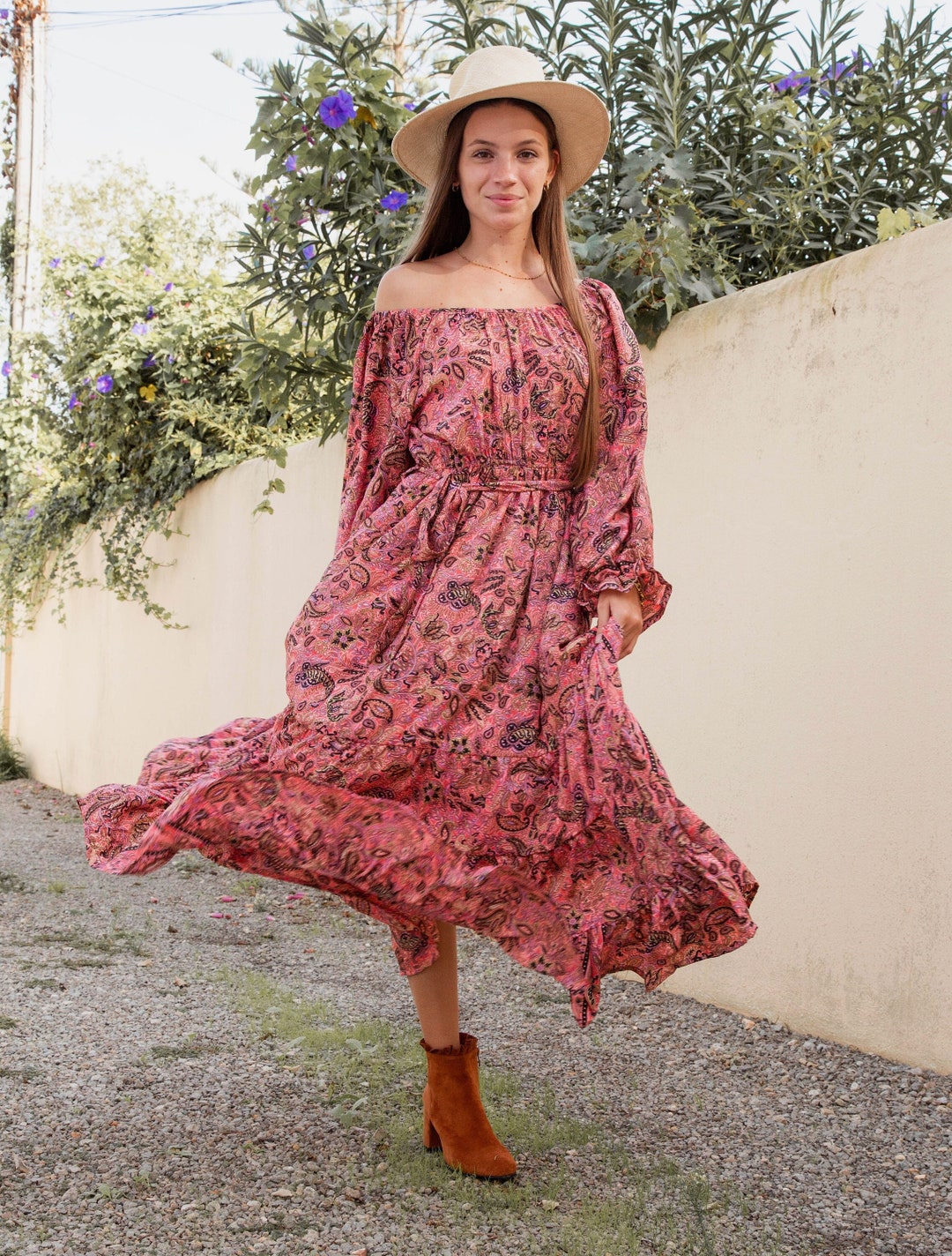 boho print off the shoulder maxi dress. Large to plus or xl main image 1