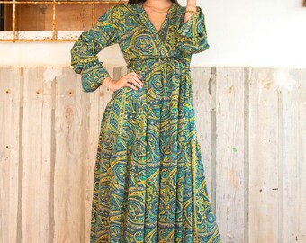 green paloma wool dress Lime Green Boho Midi Dress with Embroidered Details – Saffron Threads main image 1