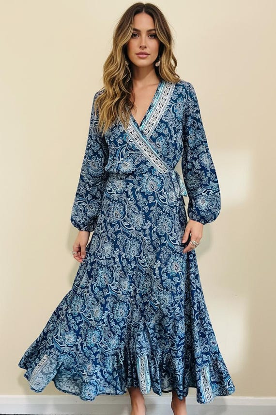 flattering wrap dress with revere collar in Painted Travels print cotton * OFFON CLOTHING available in sizes ranging from 0x Midi Wrap Dress With Pockets