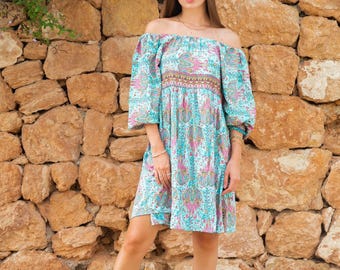 Turquoise Babydoll Mini Dress, Boho Babydoll Dress Women, Festival Mini Dress, Ibiza Summer Dress, Bohemian Dress