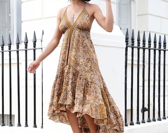 High Low Boho Maxi Dress, Halter Neck Dress, Gold Festival Dress UK, Bohemian Summer Dress, Open Back Dress, Hippie Maxi Dress
