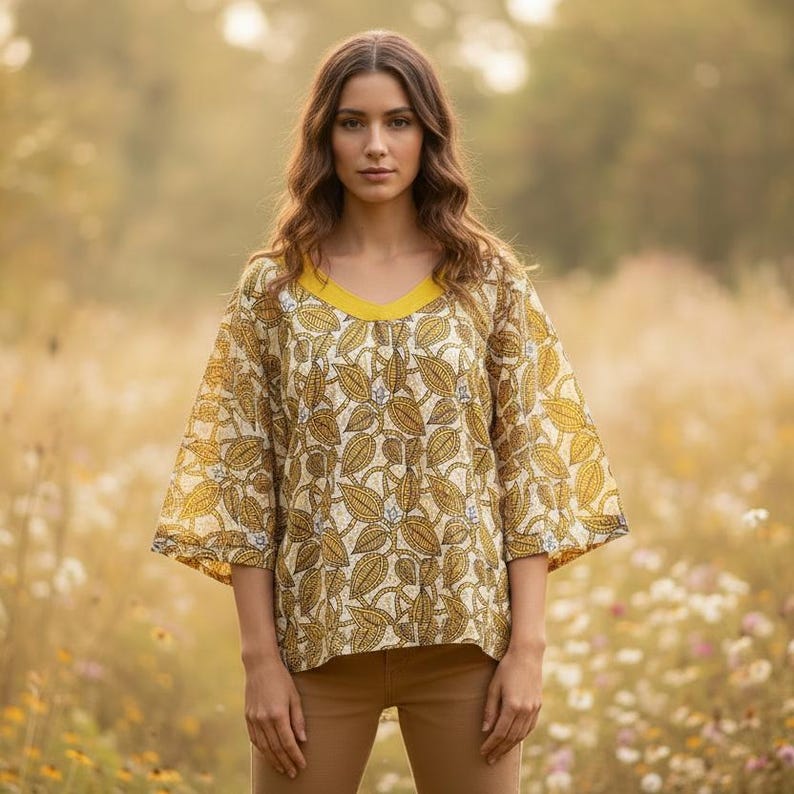 May include: A yellow and cream-colored top with a leaf pattern and a yellow V-neck. The top has wide sleeves and is paired with brown pants. The background is a field of wildflowers.