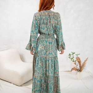 Green Boho Maxi Dress With Long Sleeves, 70's Style Maxi Dress, Goddess Dress, Winter Maxi Dress image 2