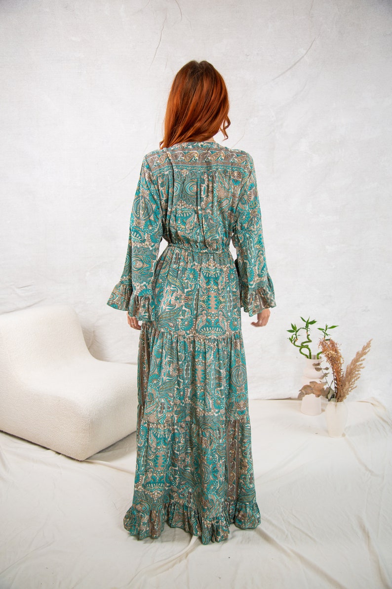 Green Boho Maxi Dress With Long Sleeves, 70's Style Maxi Dress, Goddess Dress, Winter Maxi Dress image 2