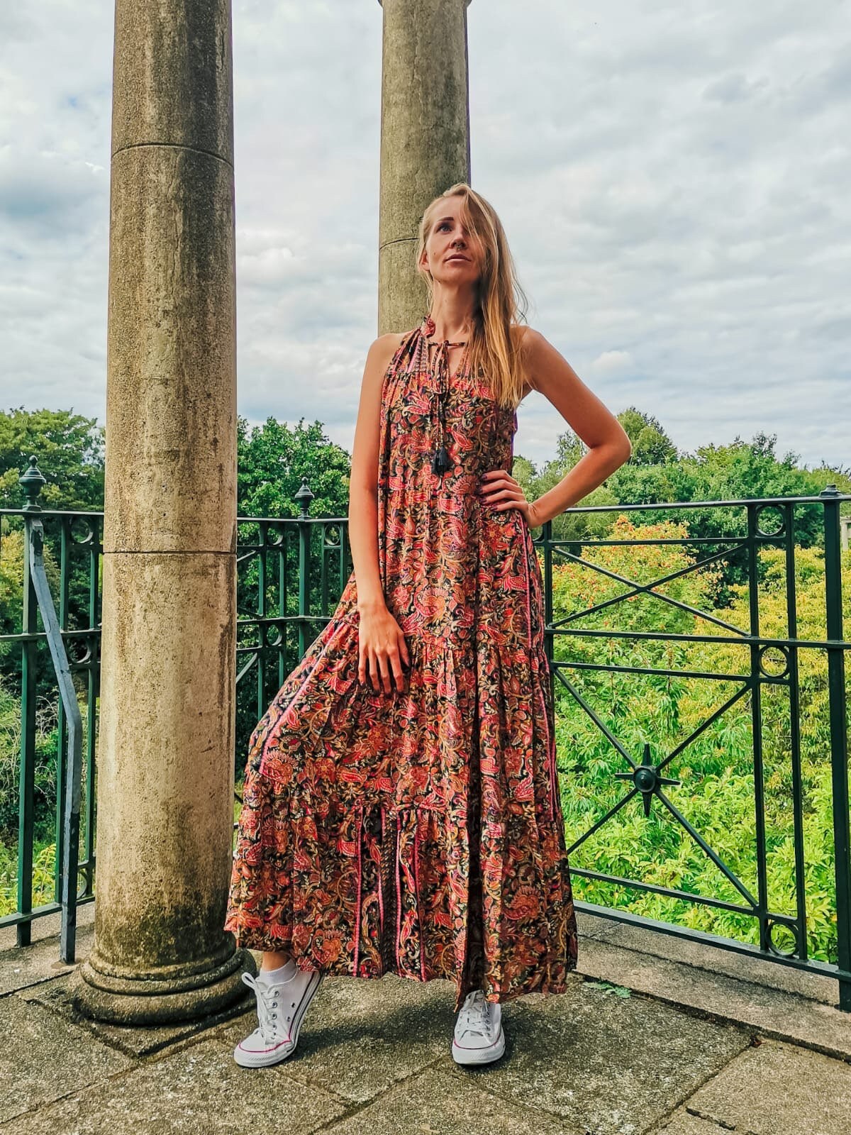 Image of Ananda Summer Sleeveless Boho Maxi Dress, Black & Brown, Long Bohemian Dress