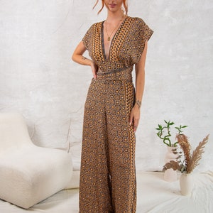 Gold Spiral Convertible Green Floral Jumpsuit Boho Wide-Leg Summer One Piece image 6