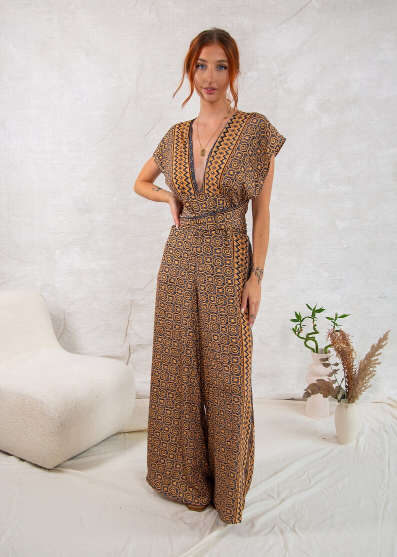 Gold Spiral Convertible Green Floral Jumpsuit Boho Wide-Leg Summer One Piece zdjęcie 6