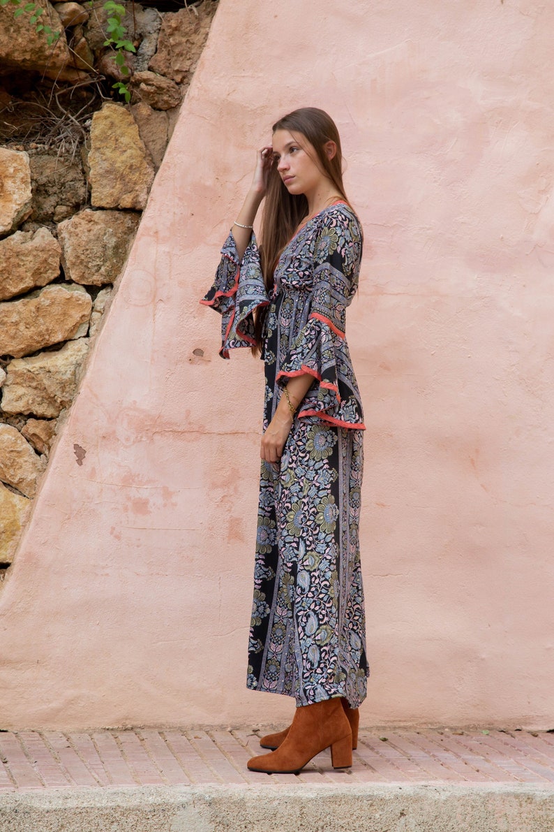 Boho Style Maxi DressWith Bell Sleeves, Full Length Goddess Dress with Sleeves, Ibiza Maxi Dress, Bohemian Style Maxi Dress image 3