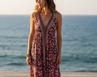 Pink Halter Maxi Dress for Women – Boho Infinity Dress, Backless Summer Holiday Dress, Festival Maxi Gown, Ananda Wild