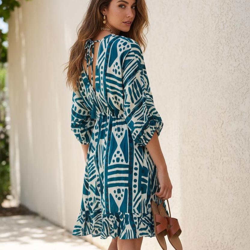 boho dresses mini Teal Dress Abstract Print, Festival Dress Women, Ibiza Beach Dress, Bohemian Summer Dress, Resort Wear Color:Sea Glass Stripe Dusty Blue Bridesmaid Dresses Sommarklänning Lace dress Vibrant floral print brings