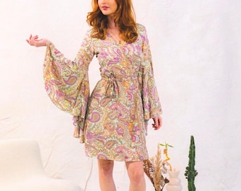 70s Green Print Mini Wrap Dress: Flared Bell Sleeve Kaftan