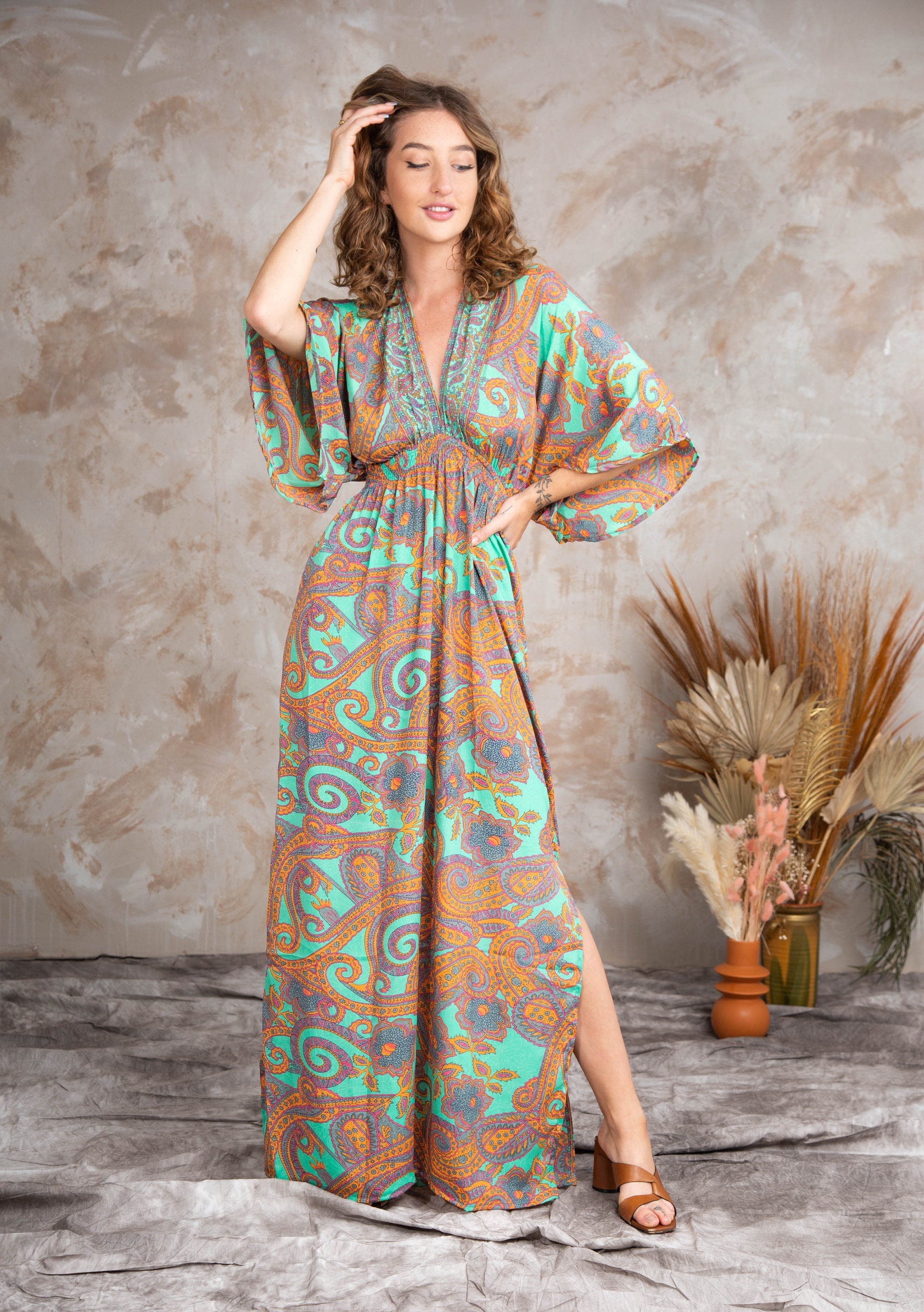 Boho Maxi Dress With Short Sleeves, 70's Style Maxi Dress, Goddess Dress,  Summer Maxi Dress, Kaftan 