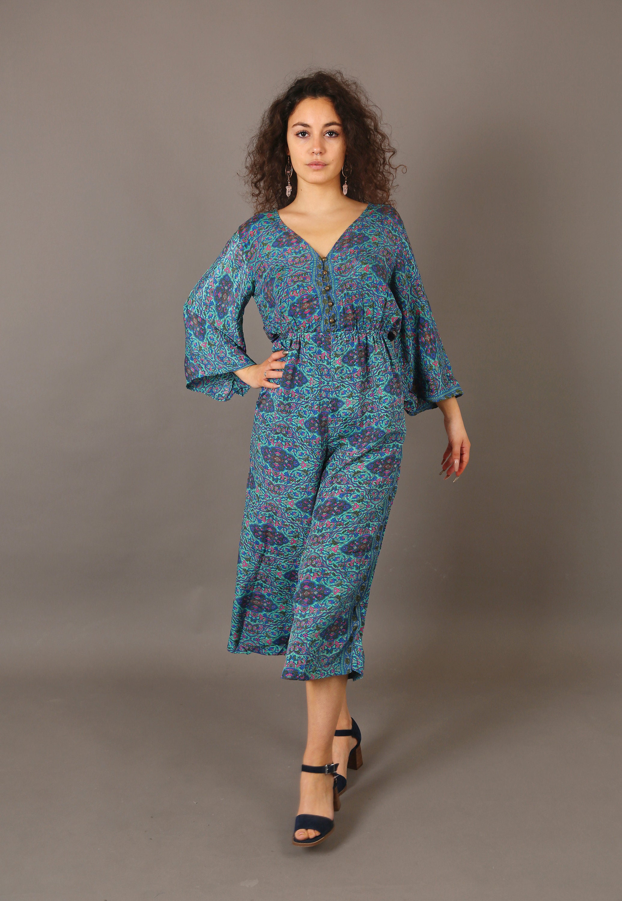 Blue Jumpsuit With Long Sleeves Silk Jumpsuit With Pockets - Etsy
