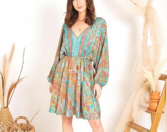 Aqua Babydoll Mini Dress, Boho Balloon Sleeve Dress, Festival Mini Dress Women, Ibiza Summer Dress, Bohemian Short Dress