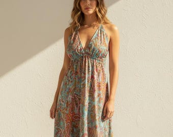 Floral Boho Maxi Dress, Halter Bohemian Dress, Backless Festival Dress, Ibiza Dress Women, Summer Maxi Dress, Goddess Dress