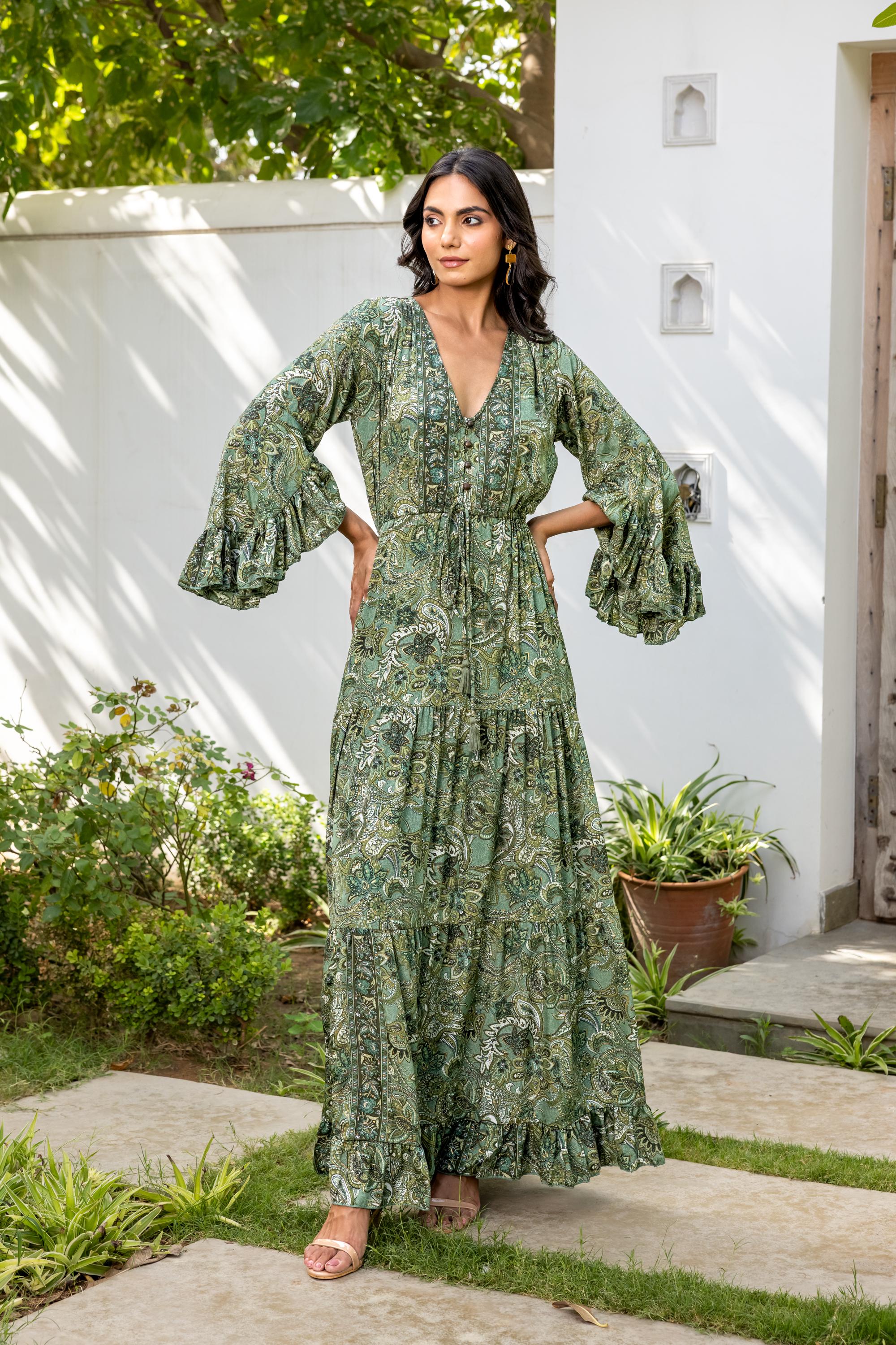 Goddess Maxi Dress with Bell Sleeves - Green Bohemian Summer Wedding V Neck Dress