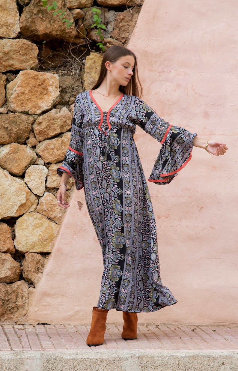 Boho Style Maxi DressWith Bell Sleeves, Full Length Goddess Dress with Sleeves, Ibiza Maxi Dress, Bohemian Style Maxi Dress image 2