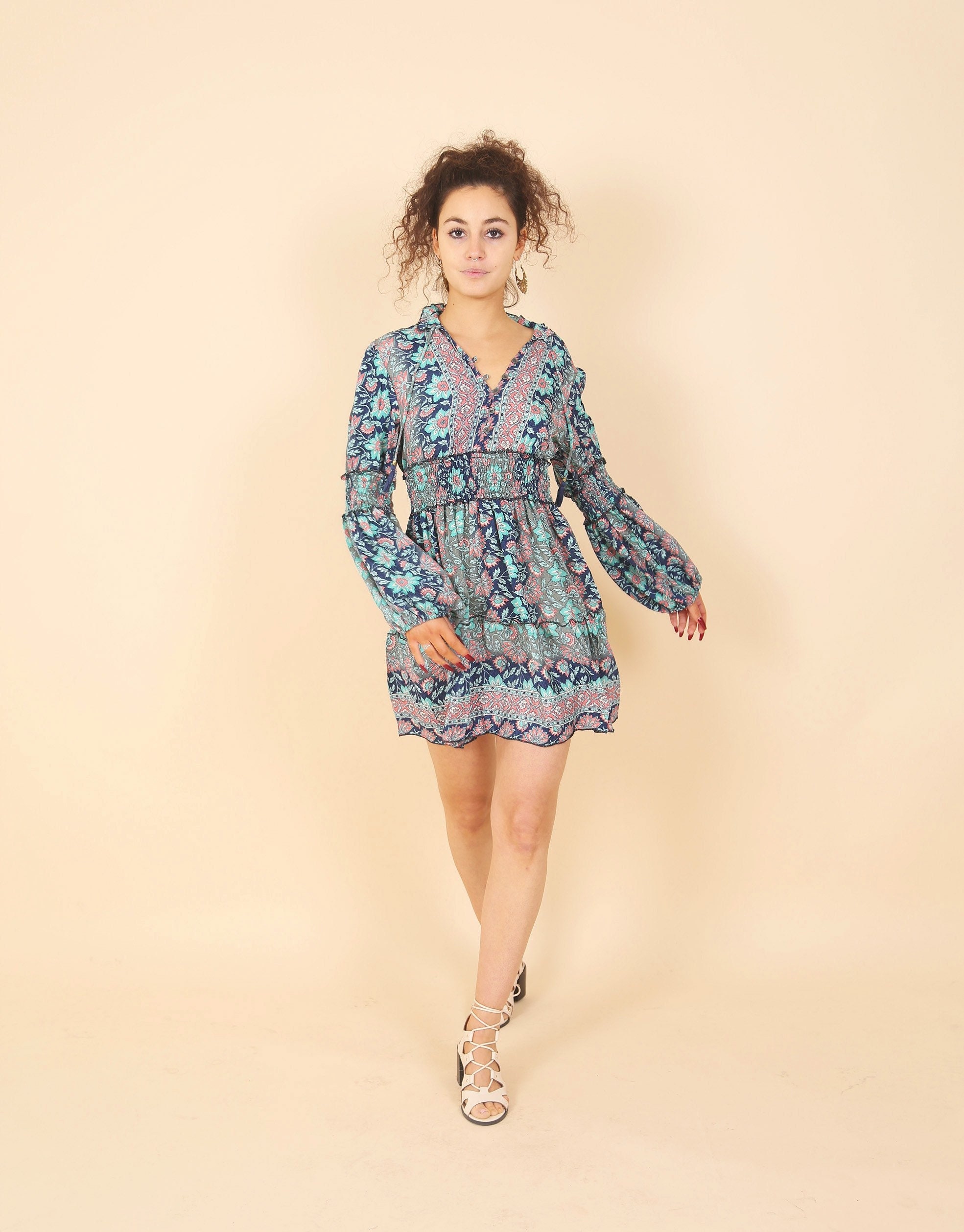 Turquoise Pink Long Sleeve Mini Dress 
