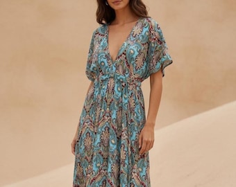 Boho Midi Dress, Floral Paisley Dress, Rayon Summer Dress, Adjustable Waist Dress, Festival Dress, Resort Wear, Bohemian Midi Dress