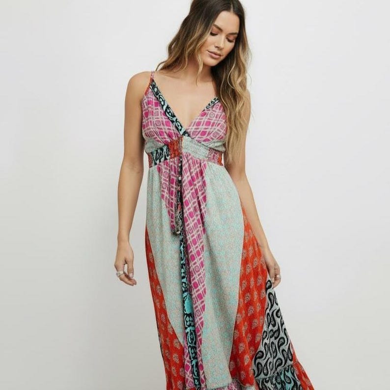 Boho-Patchwork-Maxikleid – Boho-Festivalkleid – Hippie-Sommer-Maxikleid – Farbenfrohes Boho-Strandkleid – Boho-Urlaubskleid Bild 4