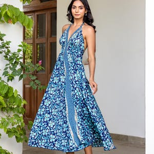 Turquoise Halter Dress – Backless Boho Maxi, Wedding Guest, Beach Holiday, Resort Wear