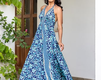 Turquoise Halter Boho Maxi Dress, Backless Bohemian Dress, Festival Dress Women, Goddess Maxi Dress, Spiritual Clothing, Bohemian Clothing