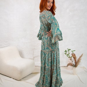 Green Boho Maxi Dress With Long Sleeves, 70's Style Maxi Dress, Goddess Dress, Winter Maxi Dress image 9