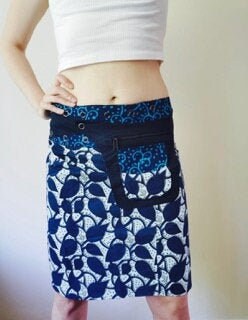 Image of Reversible Wrap Skirt, Natural Block Print Indigo Leaf Print, Mid Length Skirt With Pocket, Freesize Xs To Xl
