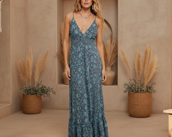 Boho Maxi Dress, Blue Floral Maxi Dress, Festival Dress UK, Bohemian Summer Dress, Strappy Maxi Dress, Hippie Dress, Beach Holiday Dress
