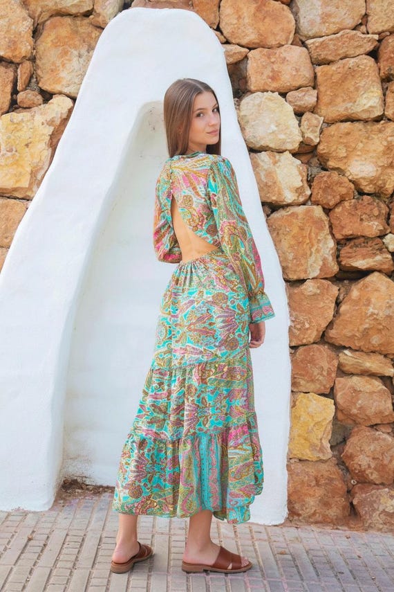 festival long sleeve dress Vintage 1960s Bell Sleeve Floral Festival Maxi Dress