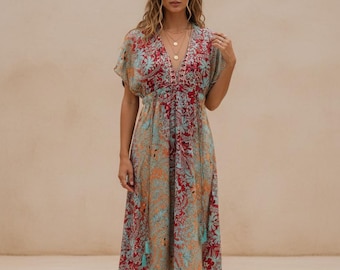 Boho Midi Dress, Floral Midi Dress, Rayon Summer Dress, Adjustable Waist Dress, Float Sleeve Dress, Holiday Dress, Resort Wear