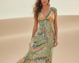 Patchwork Silk Blend Maxi Dress – Boho Paisley Dress with Shirred Waist |