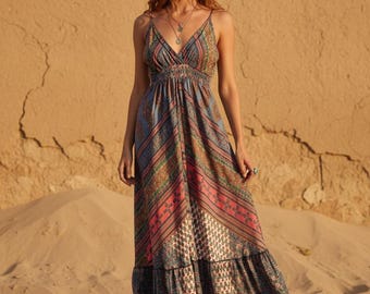 Boho Patchwork Maxi Dress, Paisley Festival Dress, Blue Pink Sundress, Hippie Maxi Dress, Vintage Print Dress, Summer Holiday Dress