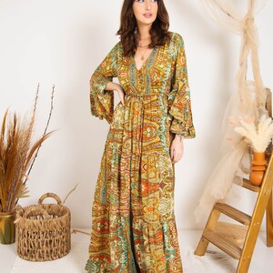 Multi Boho Maxi Kleid mit Langen Ärmeln, Maxi Kleid im Stil der 70er Jahre, Göttinnen Kleid, Winter Maxi Kleid Bild 4