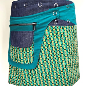 Reversible Denim Wrap Around Mini Skirt , Boho Wrap Skirt With Side Pouch, Hippie Festival Skirt