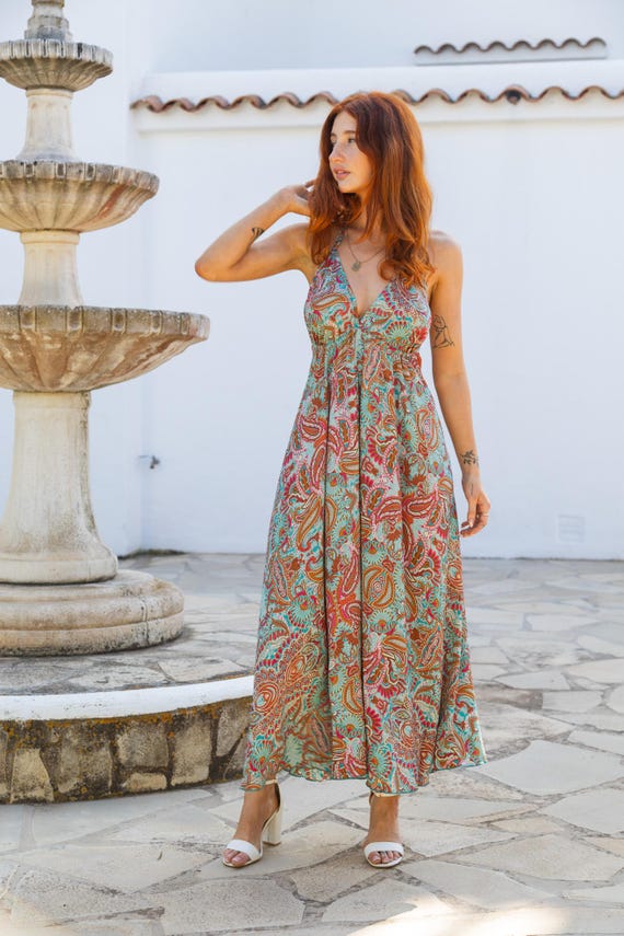 Floral Boho Maxi Dress, Halter Bohemian Dress, Backless Festival Dress, Ibiza Dress Women, Summer Maxi Dress, Goddess Dress