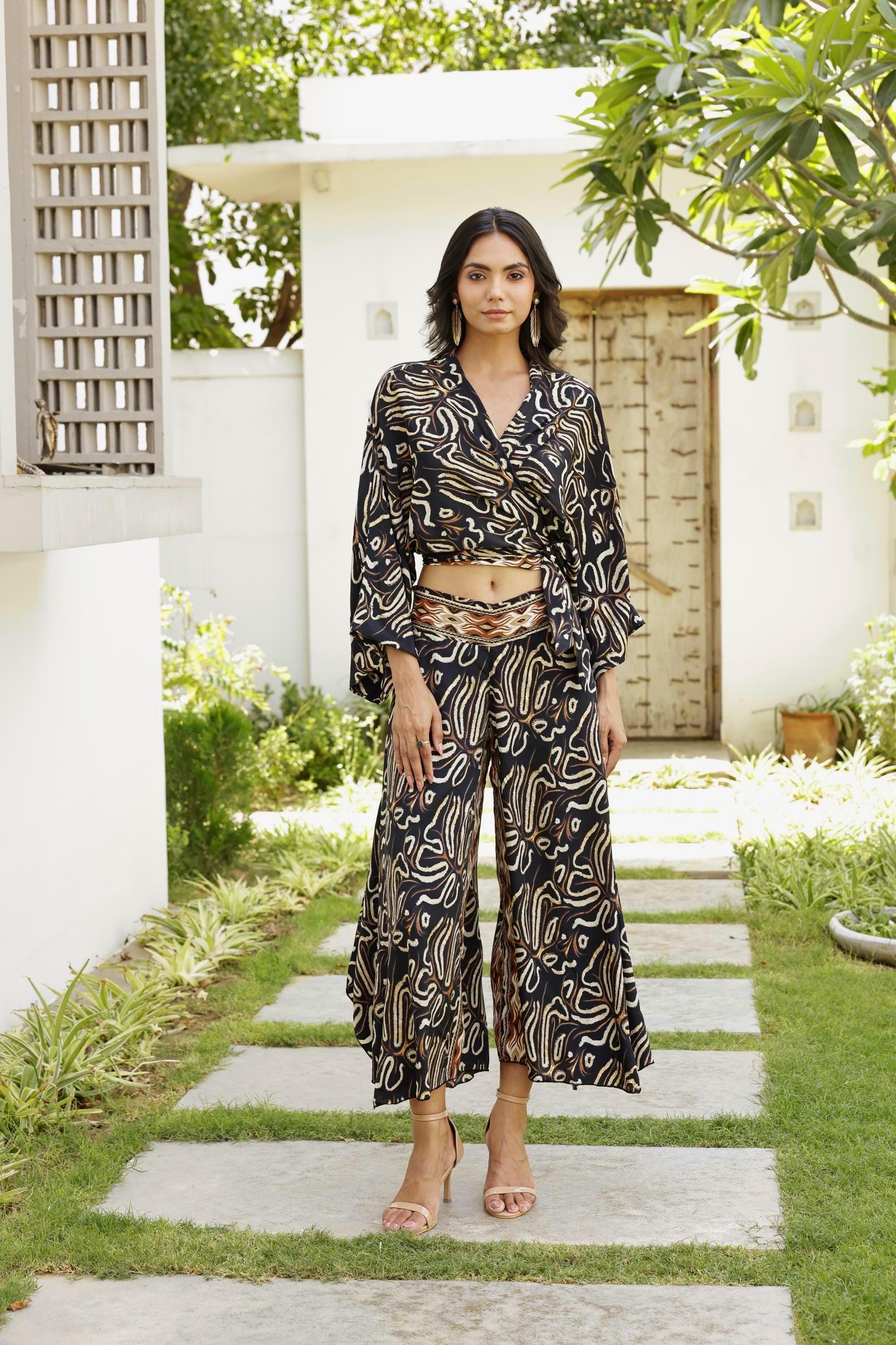 Black Boho Co-ord Set: Flare Sleeve Wrap Top & Wide Leg Trousers