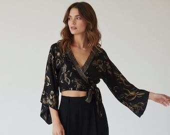 Silk Wrap Crop Top, Black Gold Boho Blouse, Bell Sleeve Bohemian Top, Festival Clothing Women, Ibiza Clothing, Goddess Top,