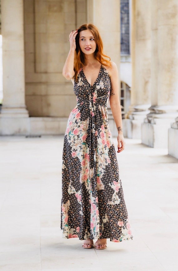 Maxi robe infinite dos nu boheme tendance Superbe imprime noir rose creme Etsy Canada