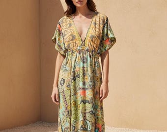 Boho Midi Dress, Turquoise Midi Dress, Festival Dress Women, Bohemian Summer Dress, Kimono Sleeve Dress, Beach Holiday Dress, Resort Wear