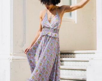 Boho Summer Maxi Dress - Blue with Pink and Green Floral Print - Gold Accents - Open Back Halter Neck - Belt Tie - Wedding