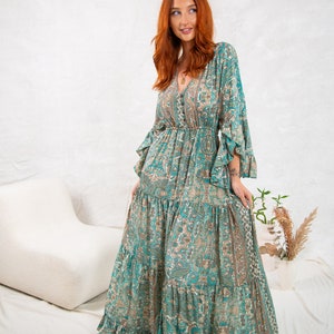 Green Boho Maxi Dress With Long Sleeves, 70's Style Maxi Dress, Goddess Dress, Winter Maxi Dress image 6