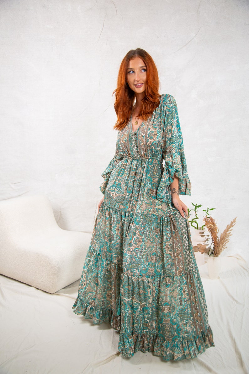 Green Boho Maxi Dress With Long Sleeves, 70's Style Maxi Dress, Goddess Dress, Winter Maxi Dress image 6