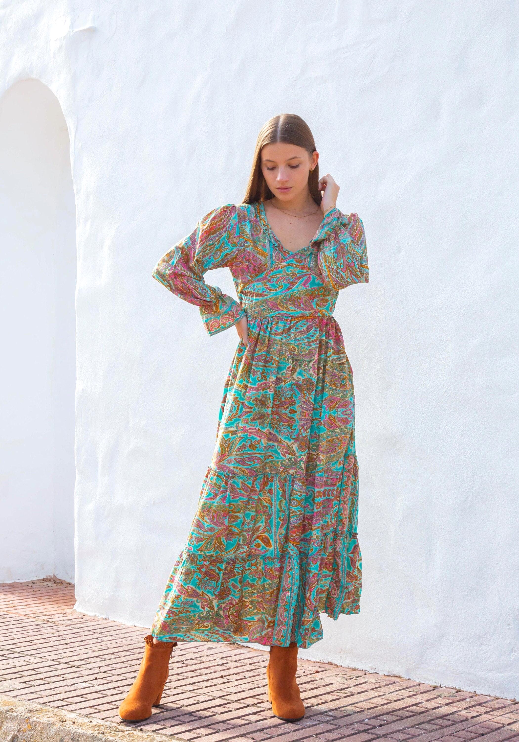 Turquoise Boho Maxi Dress, Backless Bohemian Dress, Festival Dress Women, Ibiza Dress, Spiritual Clothing, Bohemian Clothing