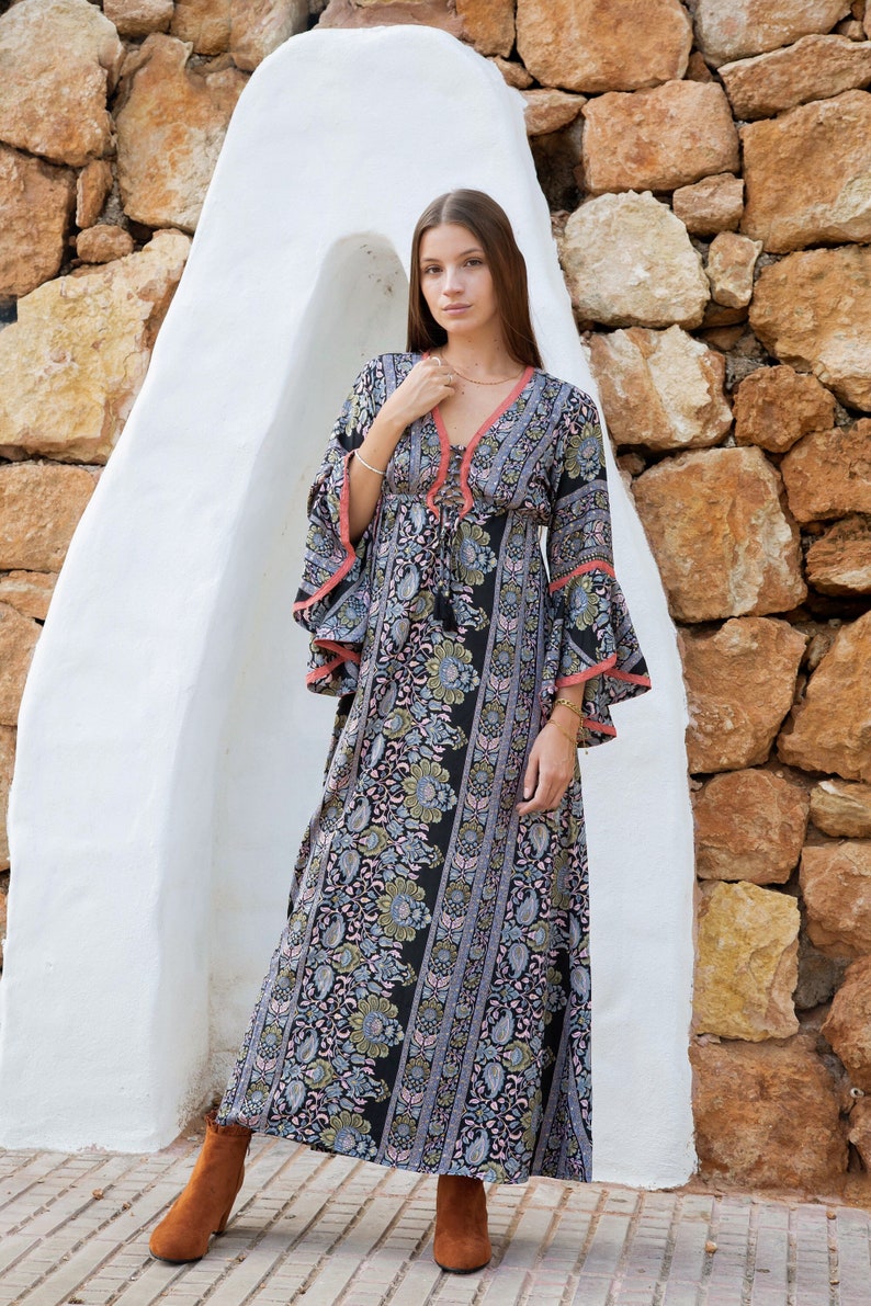 Boho Style Maxi DressWith Bell Sleeves, Full Length Goddess Dress with Sleeves, Ibiza Maxi Dress, Bohemian Style Maxi Dress image 1