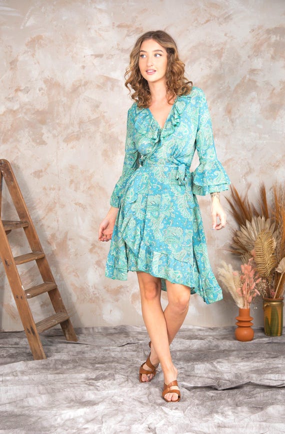 Turquoise Frill Wrap Midi Dress, Boho Wrap Dress Women, Festival Bohemian Dress, Ibiza Summer Dress, Boho Midi Dress