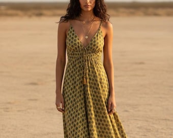 Mustard Boho Maxi Dress, Block Print Cotton Dress, Summer Maxi Dress, Festival Dress Women,  Bohemian Dress, Holiday Dress