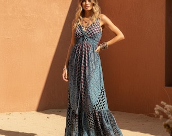 Boho Maxi Dress Women, Patchwork Summer Dress, Blue Bohemian Maxi Dress, Festival Dress, Ibiza Beach Dress, Tiered Boho Sundress