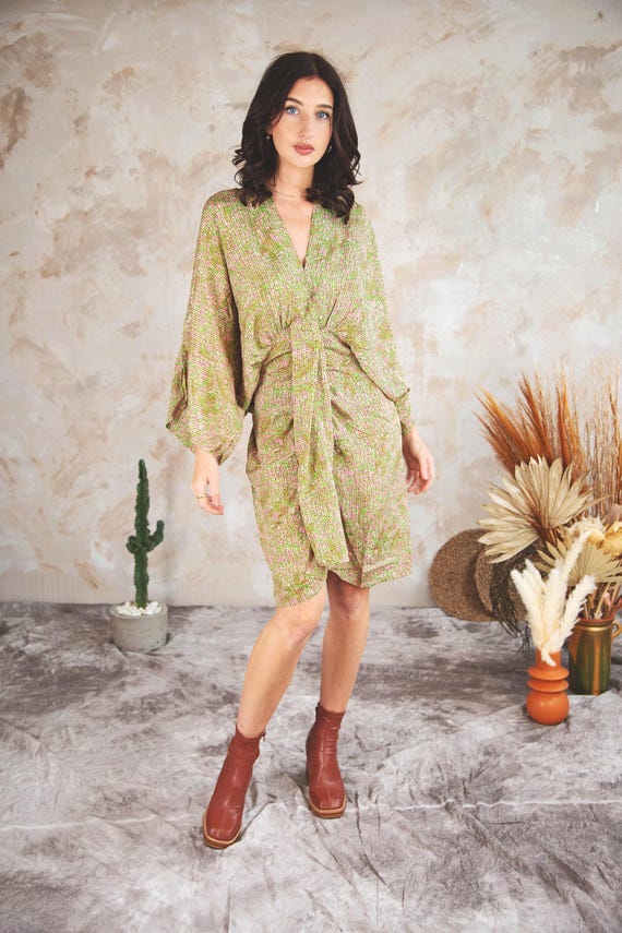 Green Kimono Mini Dress Abstract Print, Bell Sleeve Boho Dress, Festival Kimono Dress, Ibiza Beach Dress, Bohemian Dress